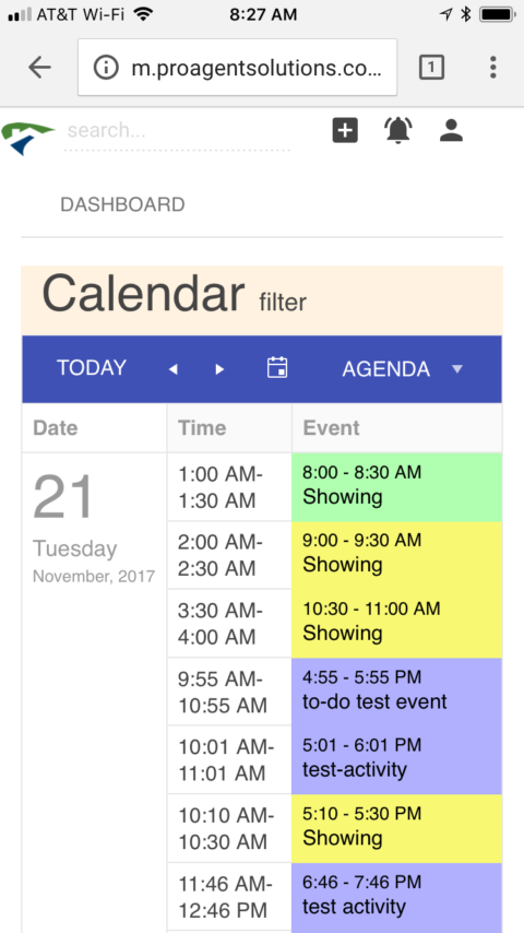 view mobile showing calendar