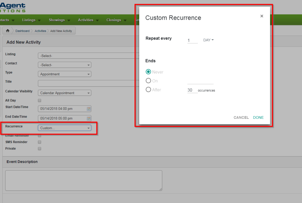 real estate crm recurring activities